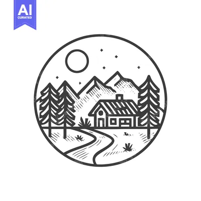 Aset premium populer: Cabin in the Woods: Minimalist Landscape with Mountains and Moon