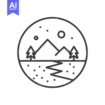 Aset premium populer: Minimalist Mountain Landscape Icon with River and Trees in Circle Fram