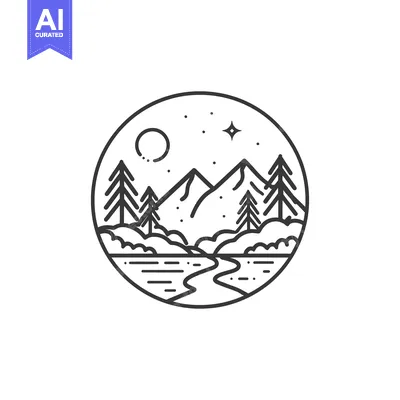 Aset premium populer: Minimalist Mountain Landscape with River, Trees, Moon, and Star in Cir