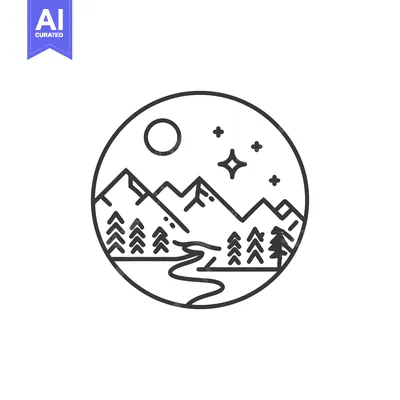 Aset premium populer: Minimalist Mountain Landscape with River, Trees, Moon, and Stars in Ci