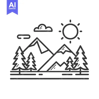 Aset desain premium: Minimalist Mountain Landscape with Pine Trees, Sun, and Cloud Outline