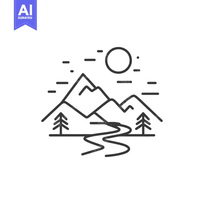 Aset desain premium: Minimalist Mountain Landscape with River and Trees Line Art Illustrati