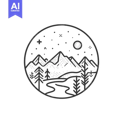 Aset desain premium: Minimalist Mountain Landscape in Circle Frame with River and Starry Ni