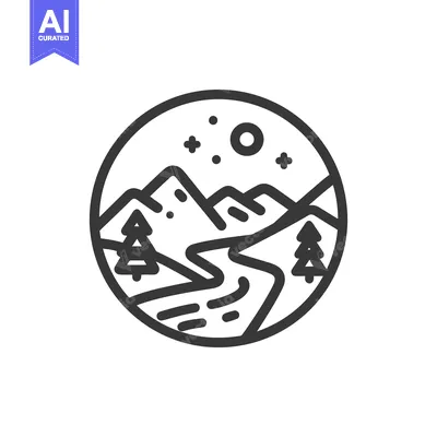 Premium design asset: Minimalist Mountain Landscape Icon with River, Trees, and Night Sky