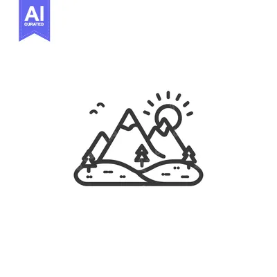 Aset premium populer: Minimalist Mountain Landscape Line Art with Sun and Trees Icon