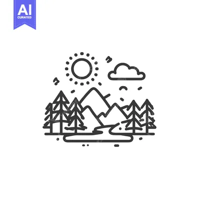 Aset premium populer: Minimalist Mountain Landscape: Pine Trees, River, Sun, and Cloud Icon