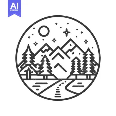 Aset desain premium: Minimalist Mountain Landscape with Moon, Stars, and Pine Trees in Circ