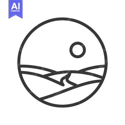 Aset desain premium: Minimalist Landscape Icon: Rolling Hills, River, and Sun in Circle