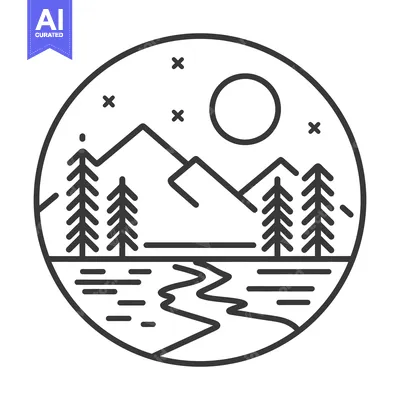 Popular premium asset: Minimalist Mountain Landscape with River and Pine Trees in Circle Fram