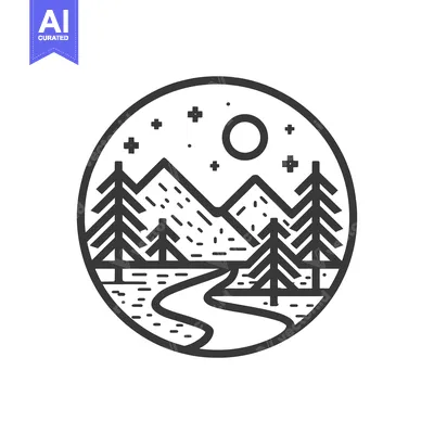 Aset premium populer: Minimalist Mountain Landscape with River, Trees, and Starry Night in C