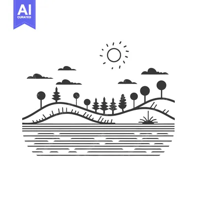 Black and white stylized illustration of a natural landscape scene