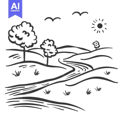 Hand drawn black and white scenic landscape with river and trees