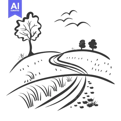 Aset desain premium: A scenic drawing of a rural landscape featuring trees and a road