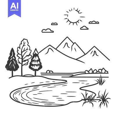 Premium design asset: A simple black and white drawing of scenic outdoor landscape