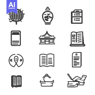 Aset desain premium: Collection of simple outline icons depicting various symbolic objects