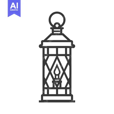 Aset premium populer: A black and white outlined lantern with a lit candle inside