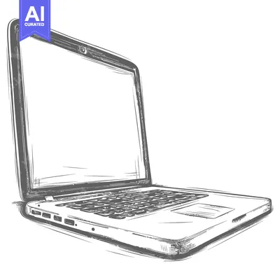 Aset premium populer: A grayscale handdrawn laptop computer graphic with white background