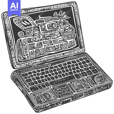 Aset desain premium: Laptop with a Stylized Aztec-Inspired Design on the Screen