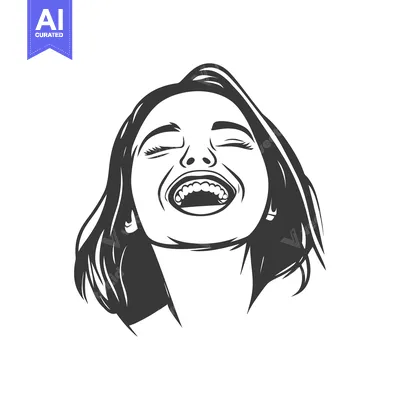 Aset desain premium: A portrait depicts a smiling woman with closed eyes and open mouth