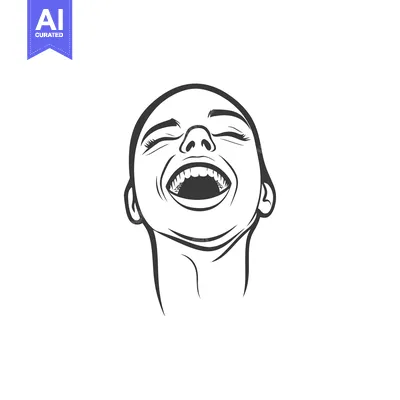 Aset premium populer: A black and white line drawing of an open laughing face
