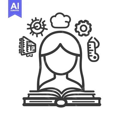 Aset premium populer: A female figure reading a book with various symbolic elements