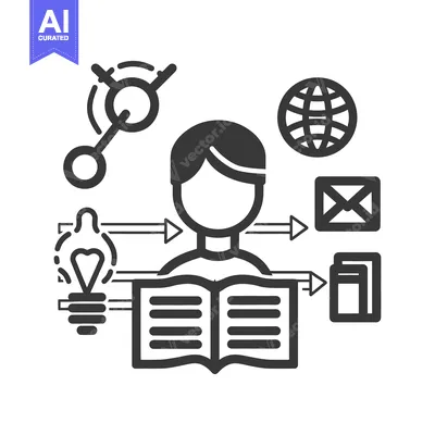 Aset desain premium: A person reading with surrounding symbols of ideas and information