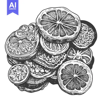Aset premium populer: A Detailed Illustration of Sliced Dried Citrus Fruits