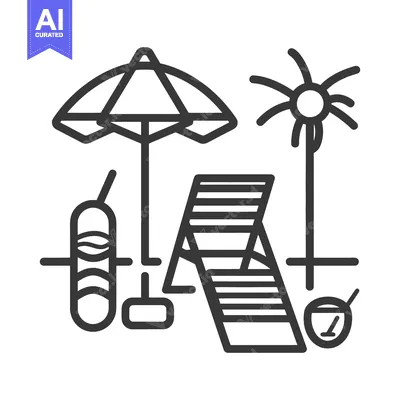 Aset desain premium: Illustration depicts summer beach scene with an umbrella and chair