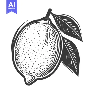 Aset desain premium: A monochrome drawing showing a single lemon with leaves