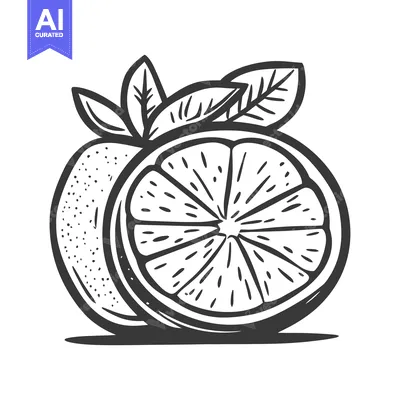 Aset desain premium: Black and white artistic illustration depicting citrus fruit and leave