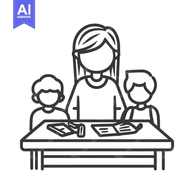 A teacher helps two students at a desk with school supplies
