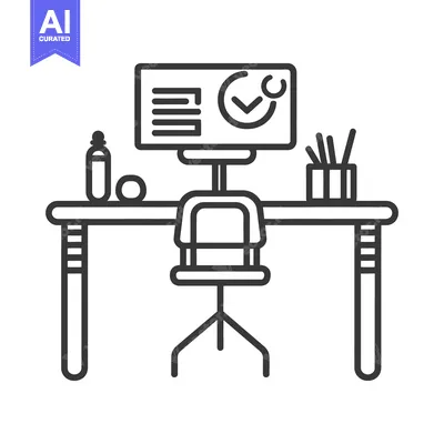 Aset desain premium: A minimalist line art illustration of an office desk workspace