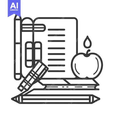 Premium design asset: A black and white illustration of school supplies and fruit