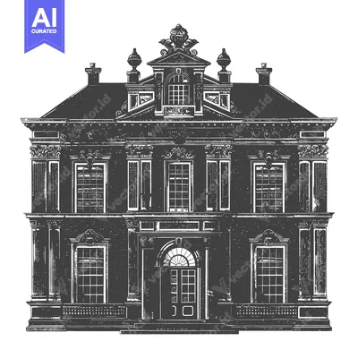 Premium design asset: A detailed illustration depicting the front facade of a large building