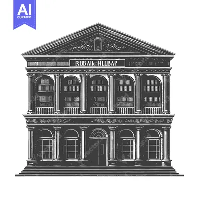 An ornate architectural illustration of a grand two story building des