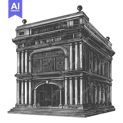 Aset desain premium: A detailed black and white illustration of a grand classical building
