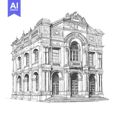 Aset premium populer: A detailed line drawing depicting a grand architectural building facad
