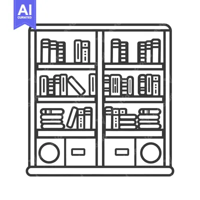 Aset premium populer: A symmetrical illustration of a bookcase filled with books and storage