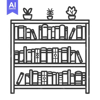 Premium design asset: A simple outlined depiction of a bookcase with books and plants