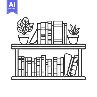 Aset desain premium: Simple illustration depicting a bookshelf full of books and plants
