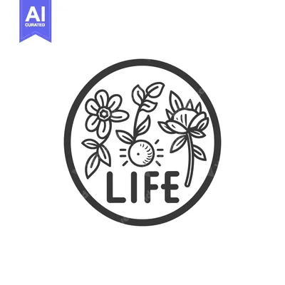 Aset premium populer: A circular illustration depicting life with flowers and the word life