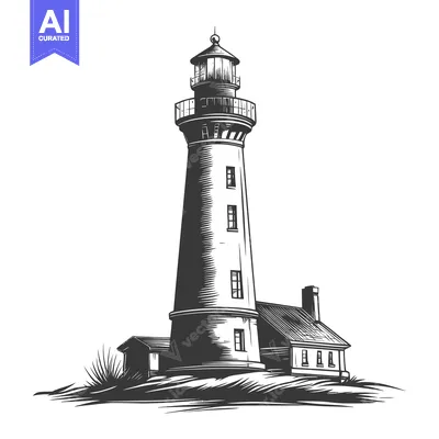 Premium design asset: A tall lighthouse and adjacent building drawn in monochrome style