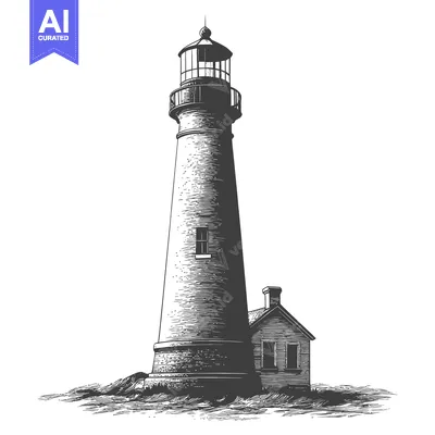 Premium design asset: A tall lighthouse and small building stand on a grassy shore