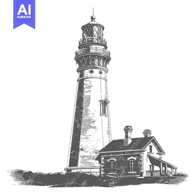 Premium design asset: A tall coastal lighthouse next to its accompanying small building