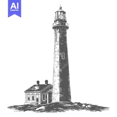 Premium design asset: A tall lighthouse stands beside a small building on rocky terrain