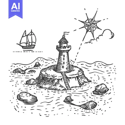 Aset desain premium: Lighthouse on a Rocky Island with a Sailboat and a Compass Star