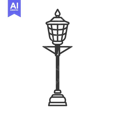 Aset desain premium: A monochrome illustration depicts a decorative street lamp post
