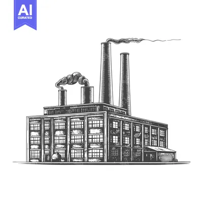 Aset premium populer: Industrial factory building with multiple smokestacks and billowing sm