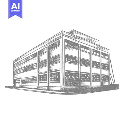 Aset desain premium: A detailed monochrome sketch depicting a large industrial building