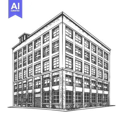Aset premium populer: A black and white illustration of a tall corner building